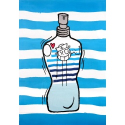 I Love Gaultier (Flacon bleu), affiche originale dessin d'André Saraiva en collaboration avec Jean-Paul Gaultier