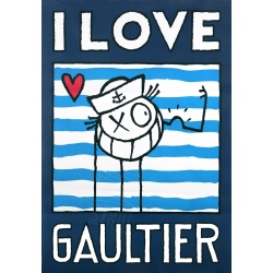 I Love Gaultier (Fond bleu), affiche originale dessin d'André Saraiva en collaboration avec Jean-Paul Gaultier