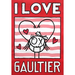 I Love Gaultier (Fond rouge), affiche originale dessin d'André Saraiva en collaboration avec Jean-Paul Gaultier