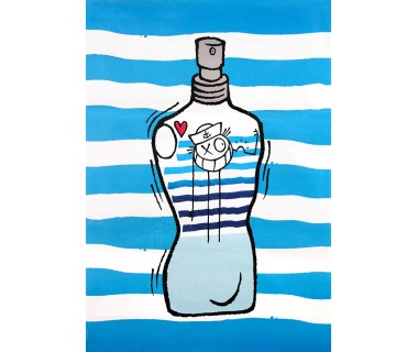 I Love Gaultier (Flacon bleu), affiche originale dessin d'André Saraiva en collaboration avec Jean-Paul Gaultier