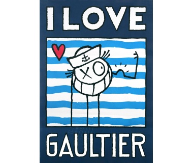 I Love Gaultier (Fond bleu), affiche originale dessin d'André Saraiva en collaboration avec Jean-Paul Gaultier