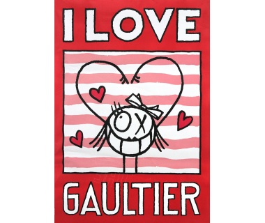 I Love Gaultier (Fond rouge), affiche originale dessin d'André Saraiva en collaboration avec Jean-Paul Gaultier