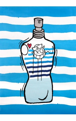 I Love Gaultier (Flacon bleu), affiche originale dessin d'André Saraiva en collaboration avec Jean-Paul Gaultier