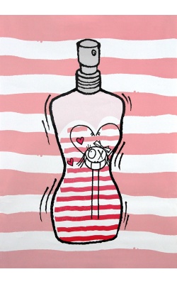 I Love Gaultier (Flacon Rose), affiche originale dessin d'André Saraiva en collaboration avec Jean-Paul Gaultier