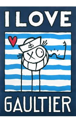 I Love Gaultier (Fond bleu), affiche originale dessin d'André Saraiva en collaboration avec Jean-Paul Gaultier