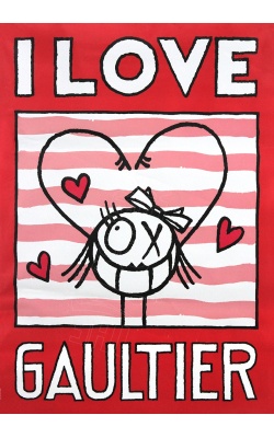 I Love Gaultier (Fond rouge), affiche originale dessin d'André Saraiva en collaboration avec Jean-Paul Gaultier